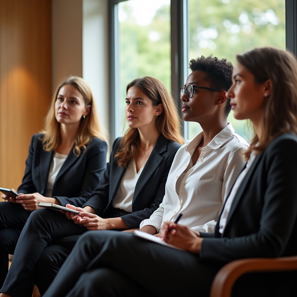 Small group of professionals listening attentively during a group coaching session